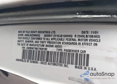 2002 Subaru Outback z USA, uszkodzony, nr VIN 4S3BH675827629182